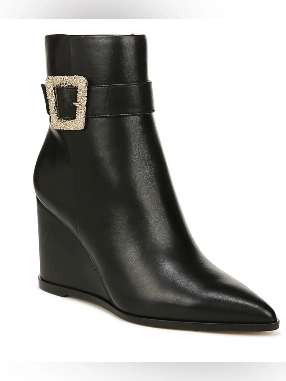 SAM EDELMAN Black Leather Wedge Ankle Boots with Decorative Buckle - Women NWT